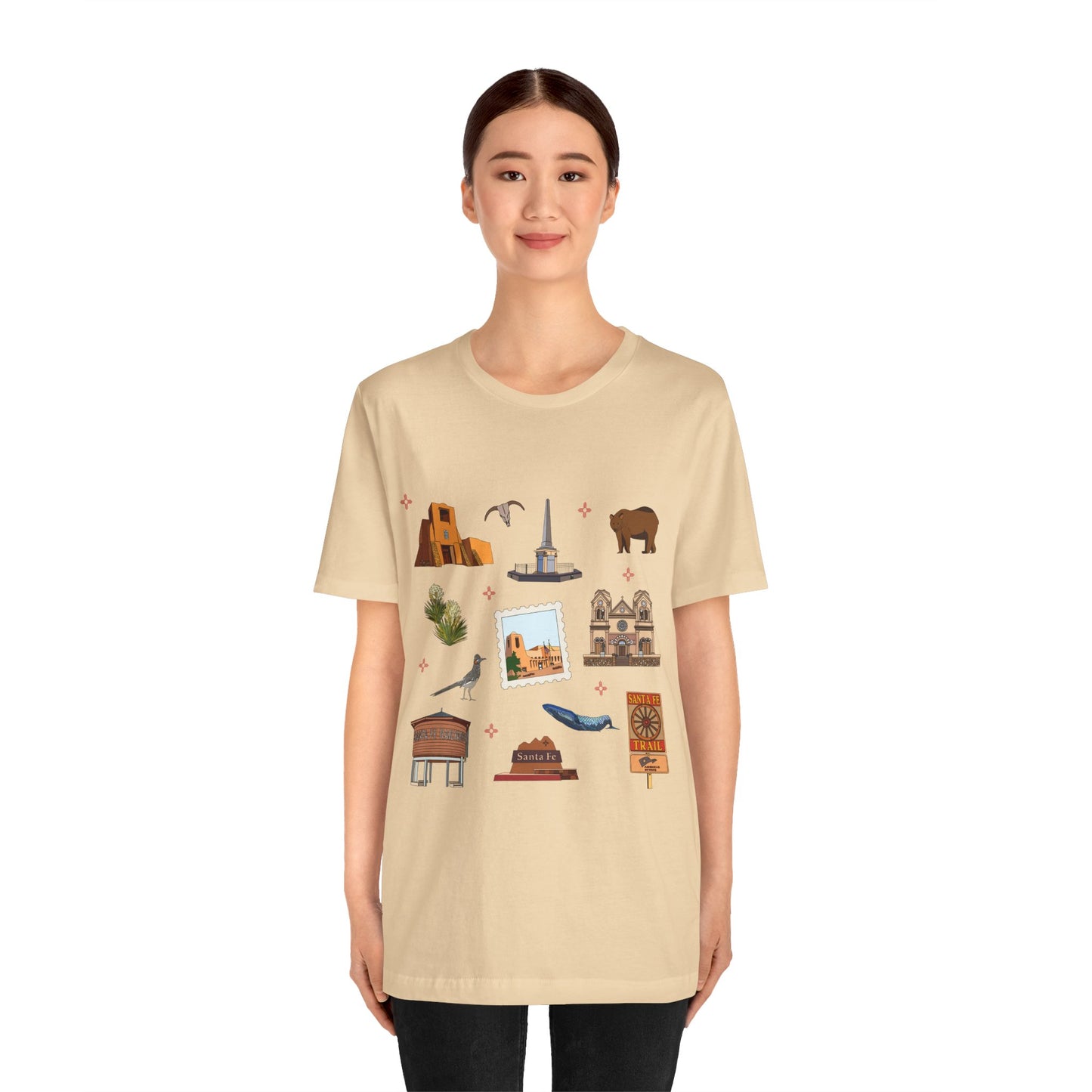 Unisex Jersey Short Sleeve Tee with Santa Fe, New Mexico NM landmarks print