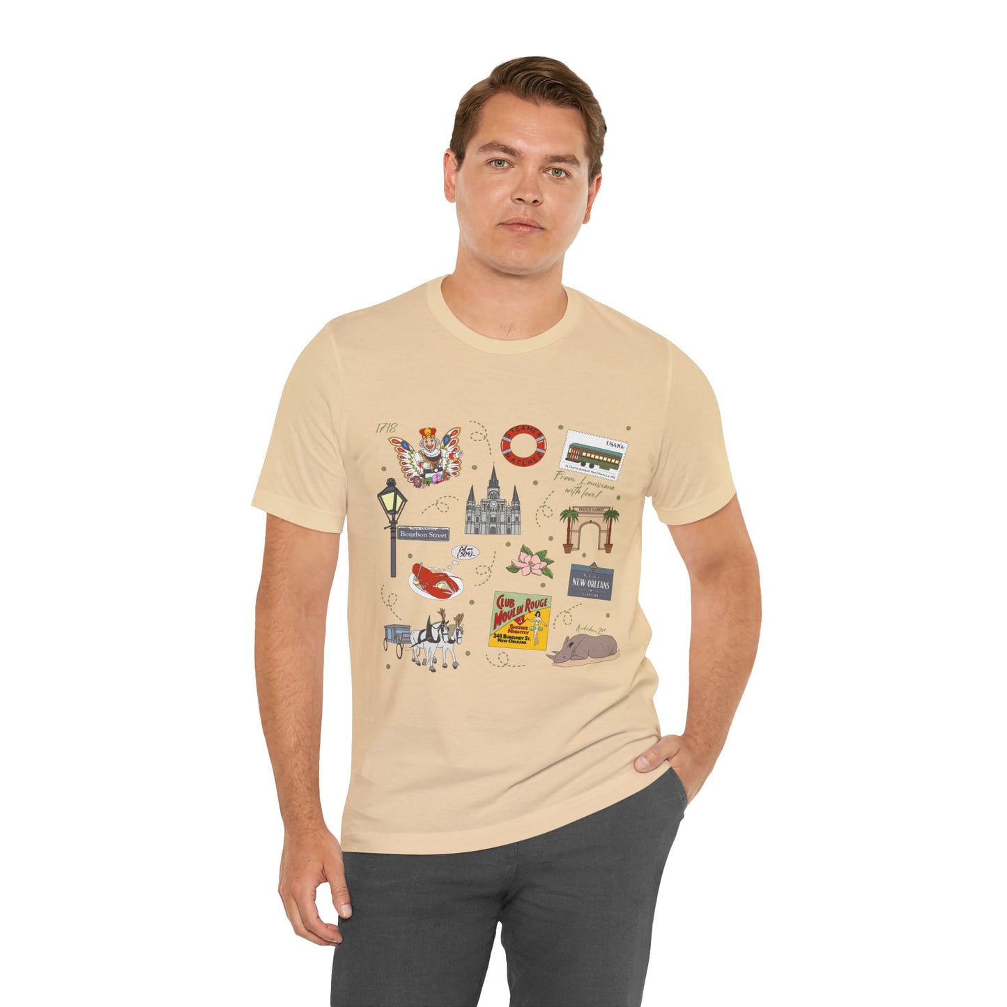 Unisex Jersey Short Sleeve Tee with New Orleans, Louisiana LA landmarks print