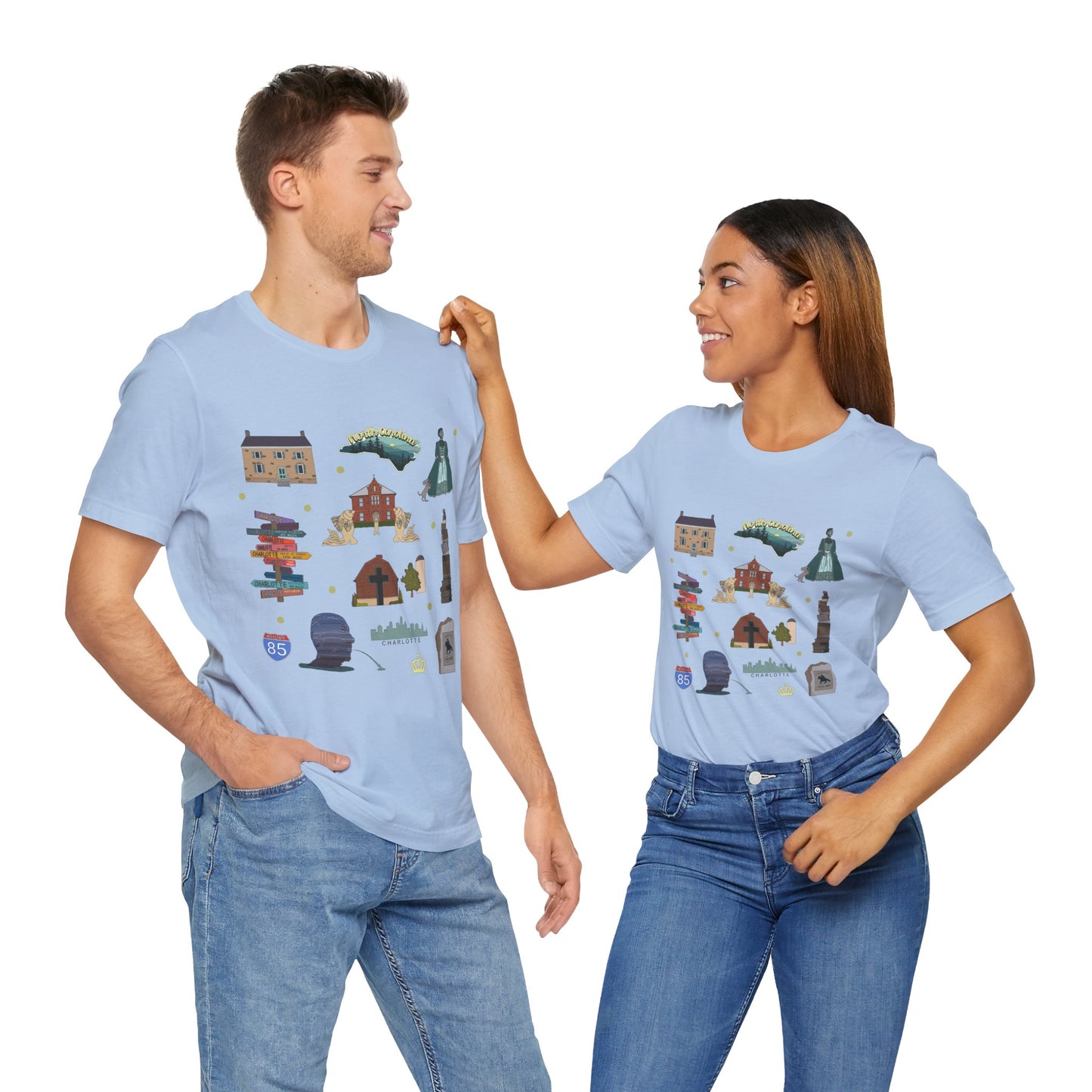 Unisex Jersey Short Sleeve Tee with Charlotte, North Carolina NC landmarks print