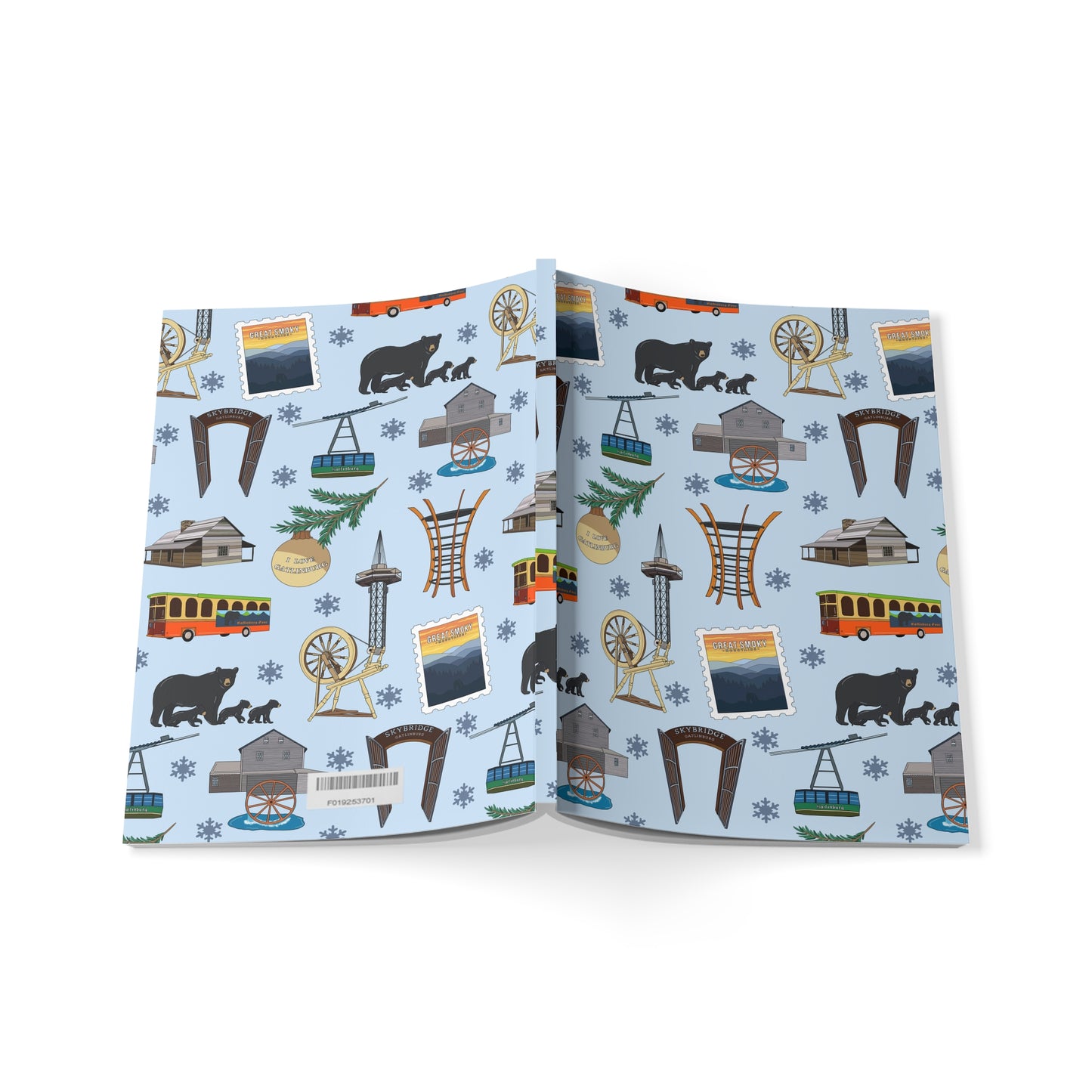 Paperback notebook with Gatlinburg, TN and the Great Smoky Mountains landmarks in iced blue 150 lined pages