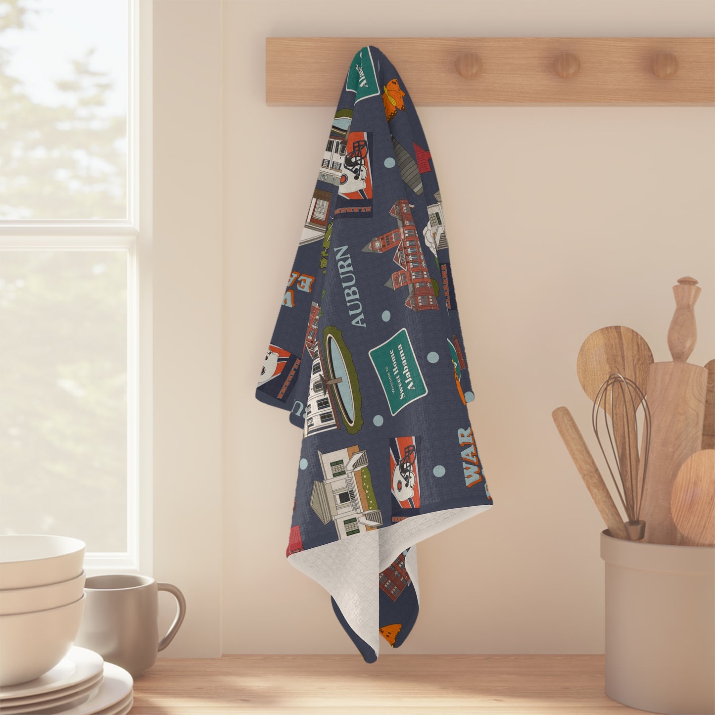 Kitchen Towel with Auburn, Alabama AL in navy