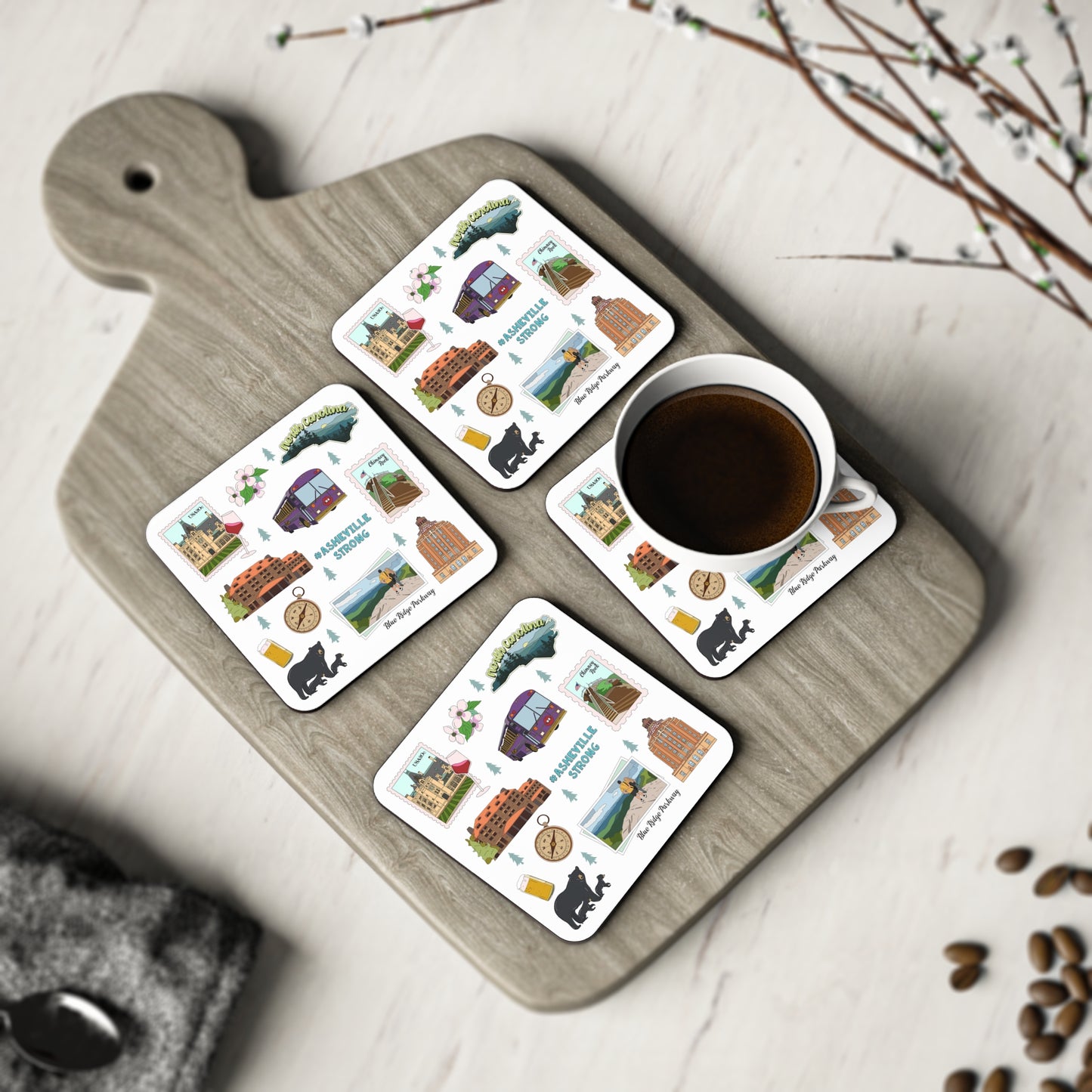 Set of 4 Ceramic Mug Coasters with Asheville, North Carolina NC