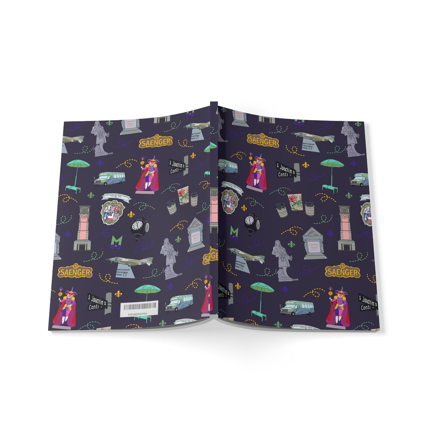 Paperback notebook with Mobile, AL and Mardi Gras landmarks in navy 150 lined pages