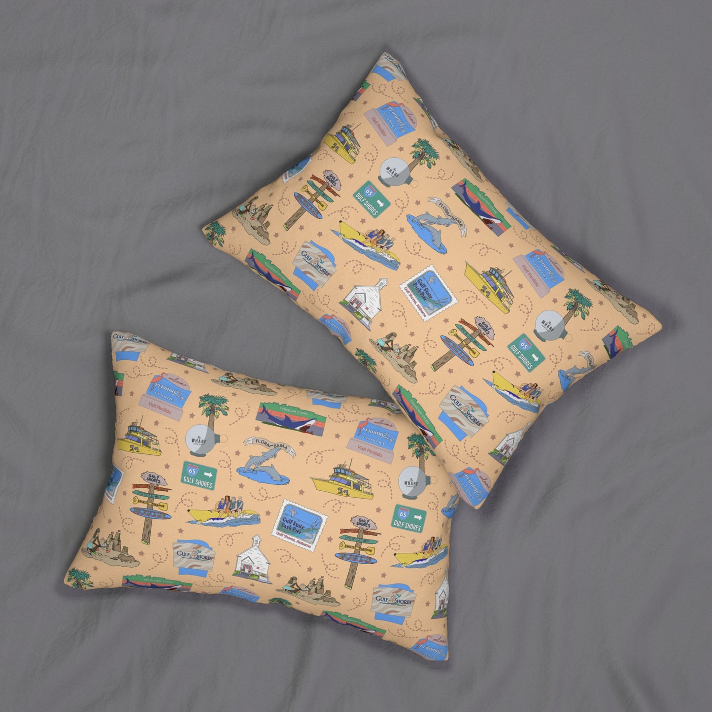 Lumbar rectangle pillow with Gulf Shores, Orange Beach of Alabama AL & Perdido Key of Florida FL in peach