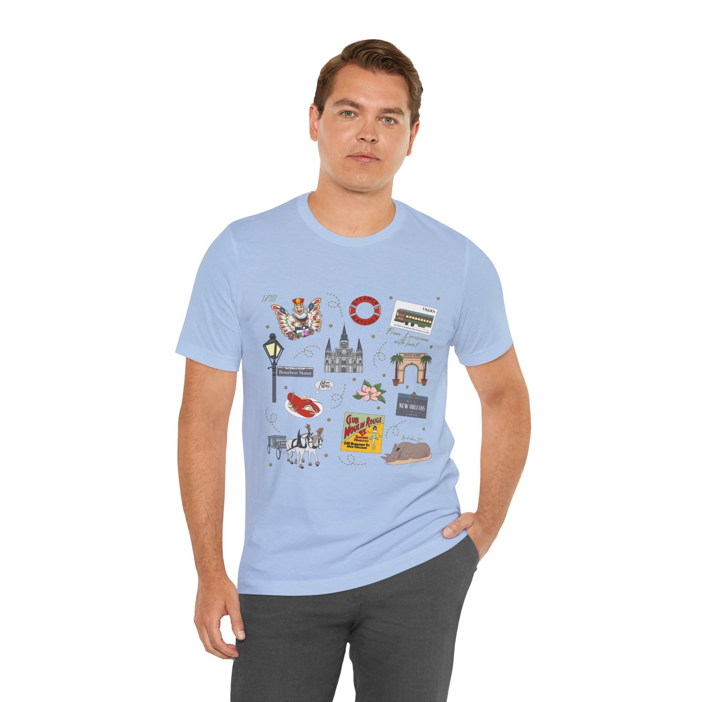 Unisex Jersey Short Sleeve Tee with New Orleans, Louisiana LA landmarks print