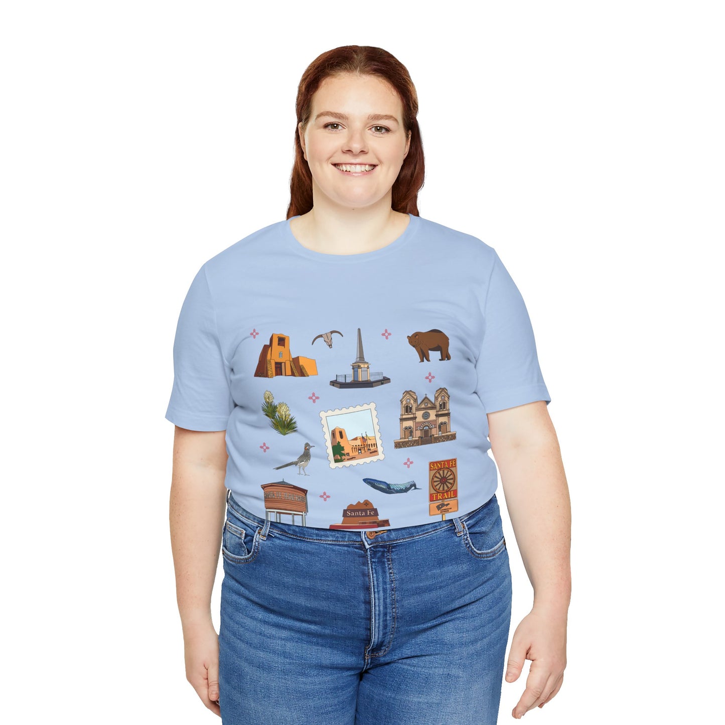 Unisex Jersey Short Sleeve Tee with Santa Fe, New Mexico NM landmarks print