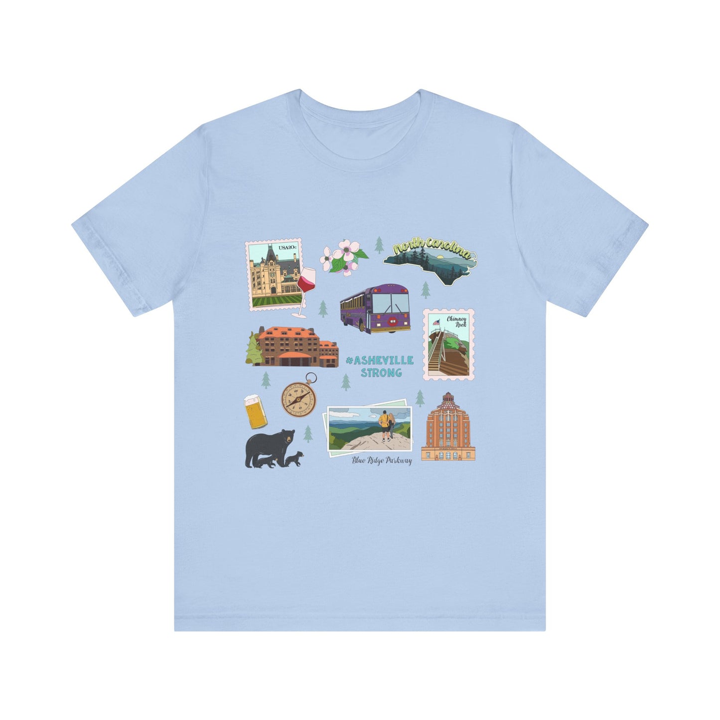 Unisex Jersey Short Sleeve Tee with Asheville, North Carolina NC landmarks print