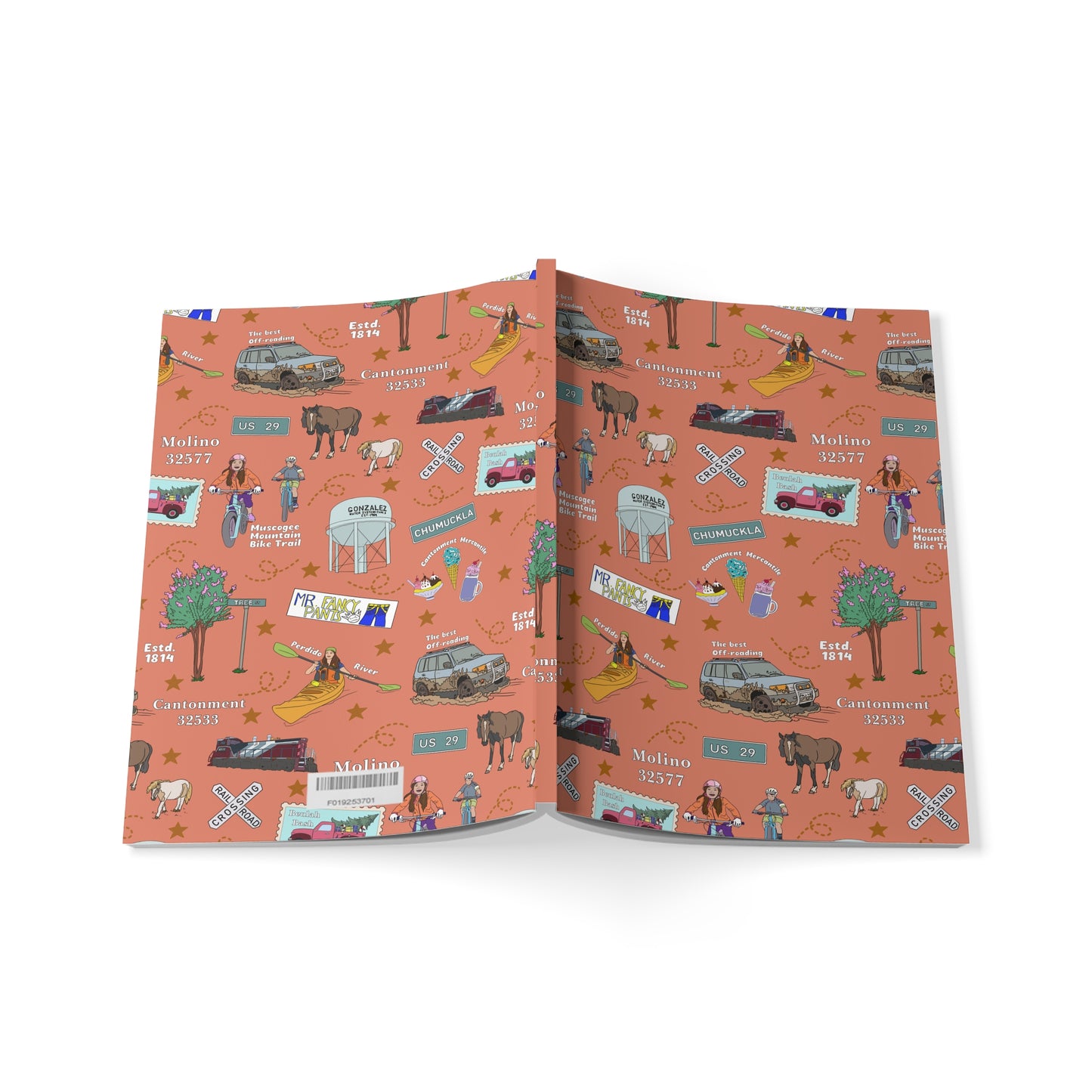 Paperback notebook with Cantonment & Molino, Florida FL landmarks in persimmon 150 lined pages
