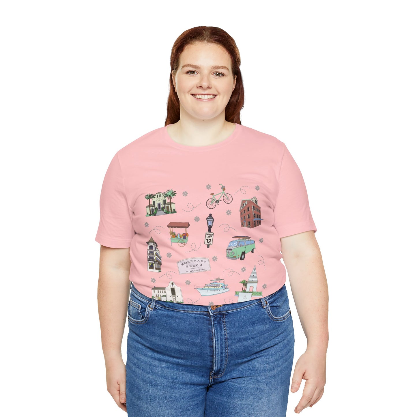 Unisex Jersey Short Sleeve Tee with Rosemary & Alys Beaches of 30A Florida FL landmarks print