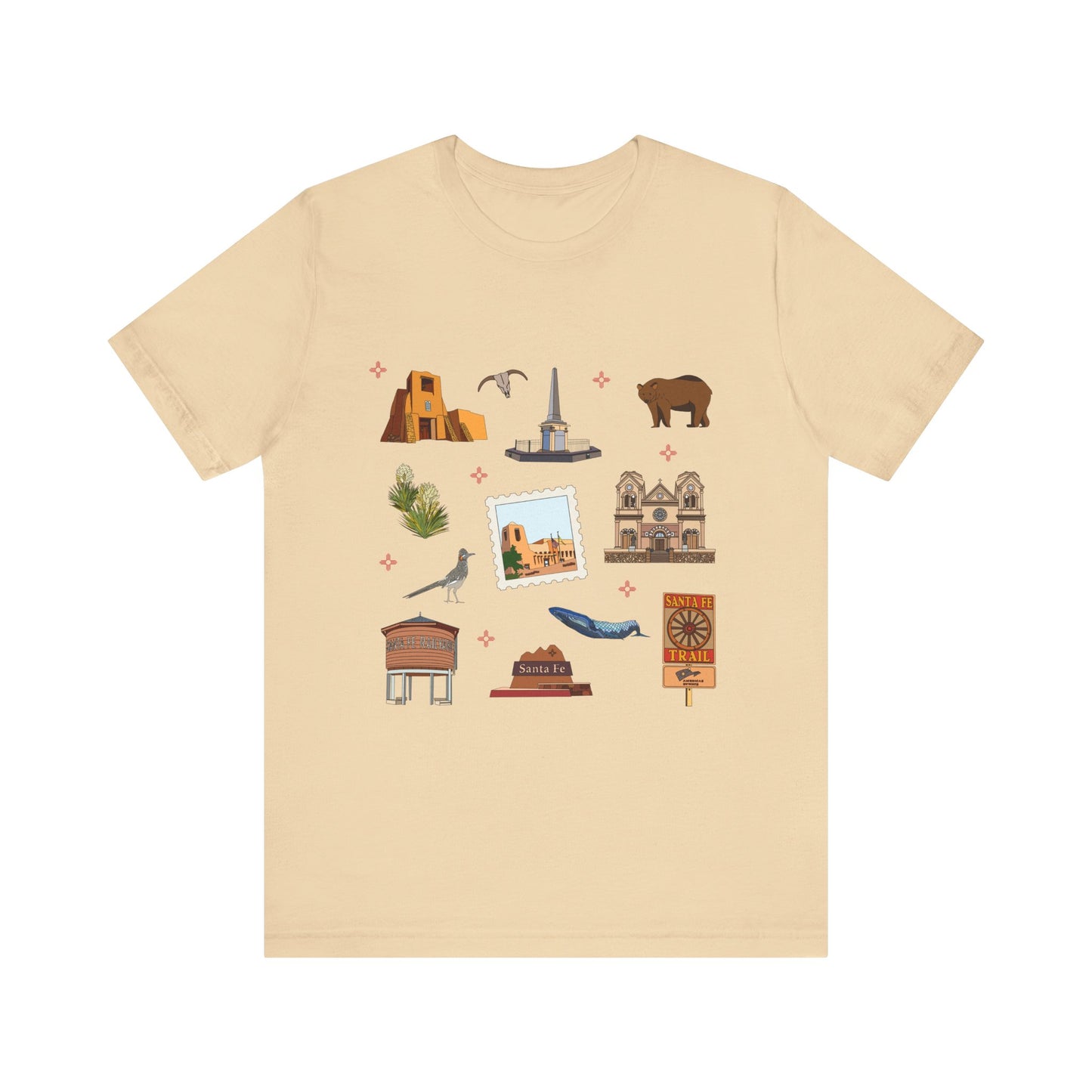 Unisex Jersey Short Sleeve Tee with Santa Fe, New Mexico NM landmarks print