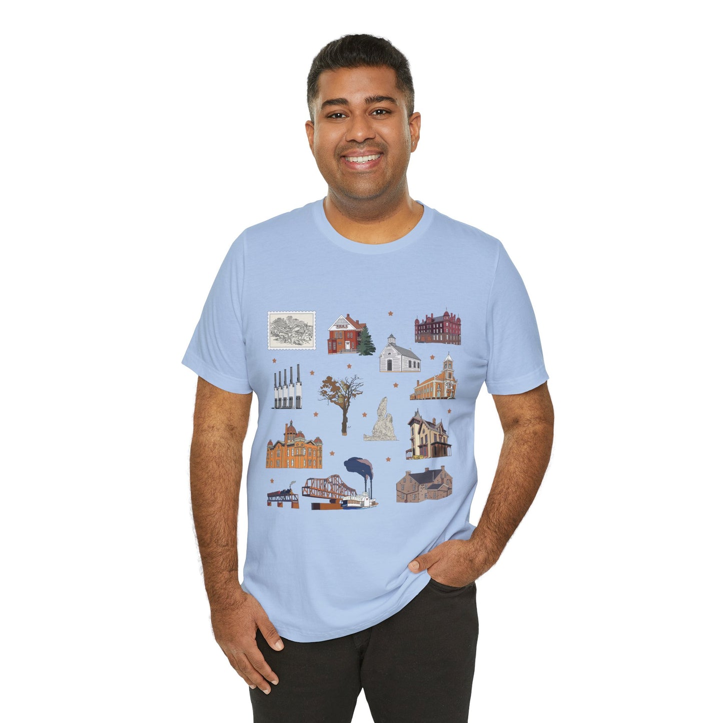 Unisex Jersey Short Sleeve Tee with South St. Paul, Mendota, Hastings, Hampton, Inver Grove Heights near the Minneapolis Minnesota MN landmarks print
