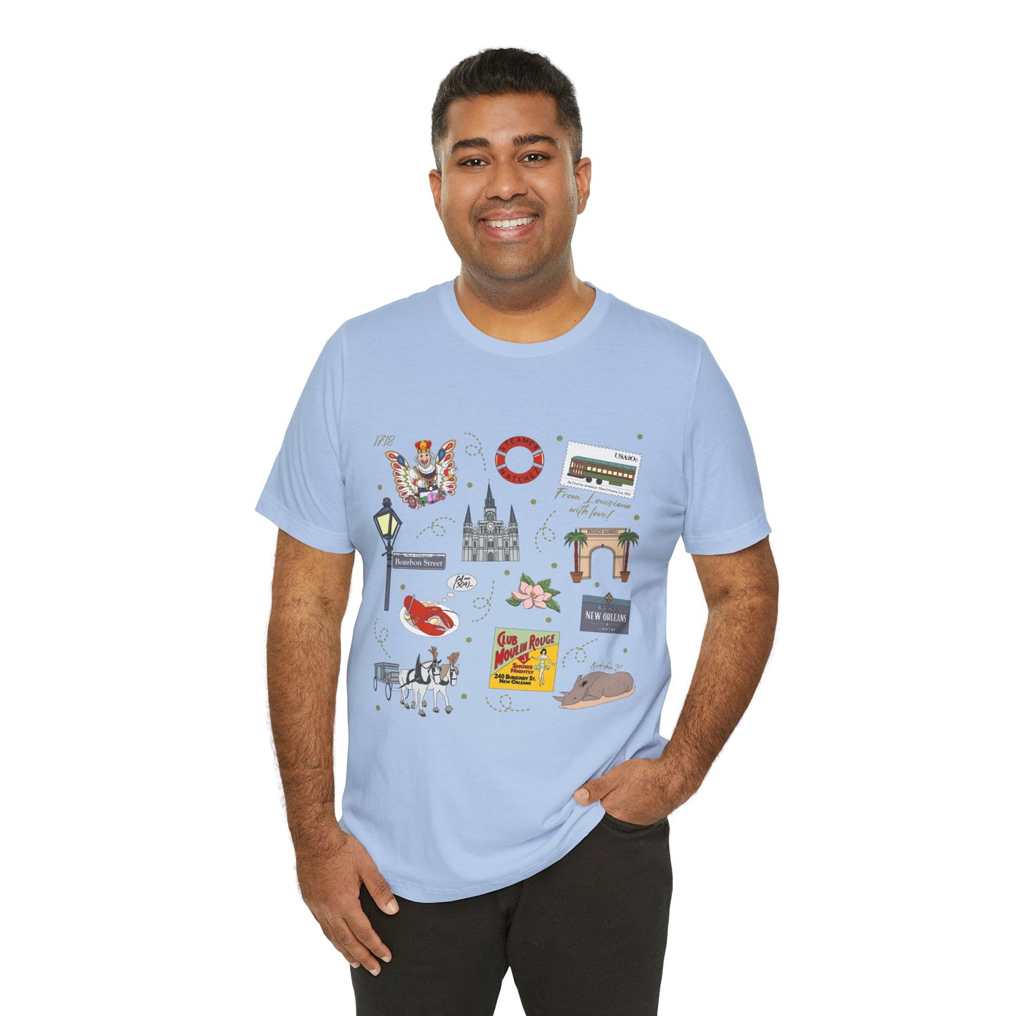 Unisex Jersey Short Sleeve Tee with New Orleans, Louisiana LA landmarks print