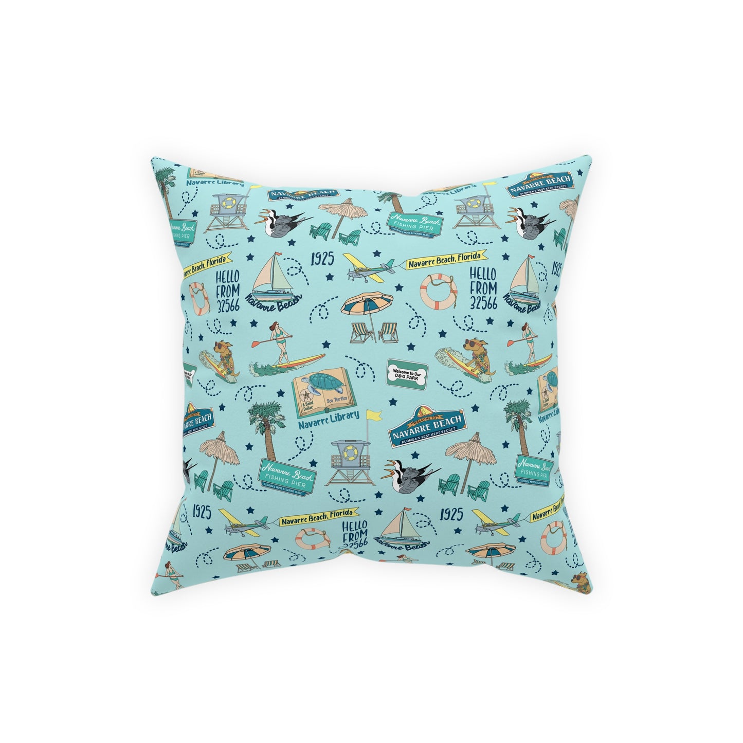 Broadcloth Pillow with Navarre Beach, FL in sky blue