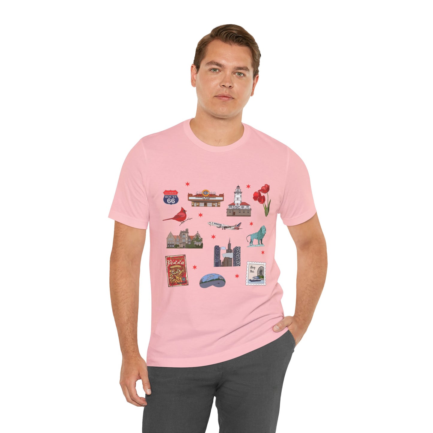 Unisex Jersey Short Sleeve Tee with Chicago, Illinois IL landmarks print