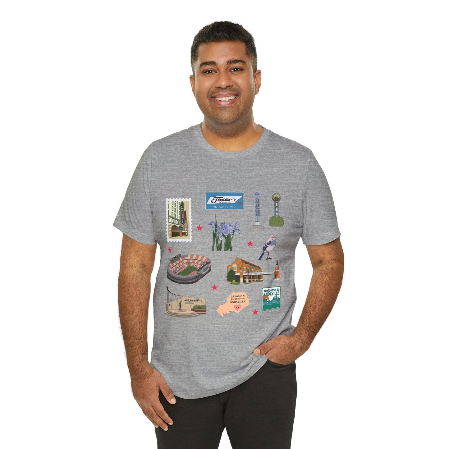 Unisex Jersey Short Sleeve Tee with Knoxville, Tennessee TN landmarks print