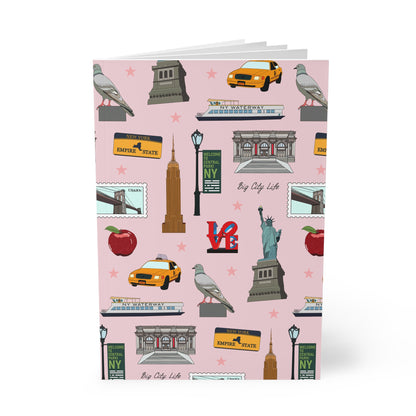 Paperback notebook with New York City, Manhattan, Brooklyn NY landmarks in pink 150 lined pages
