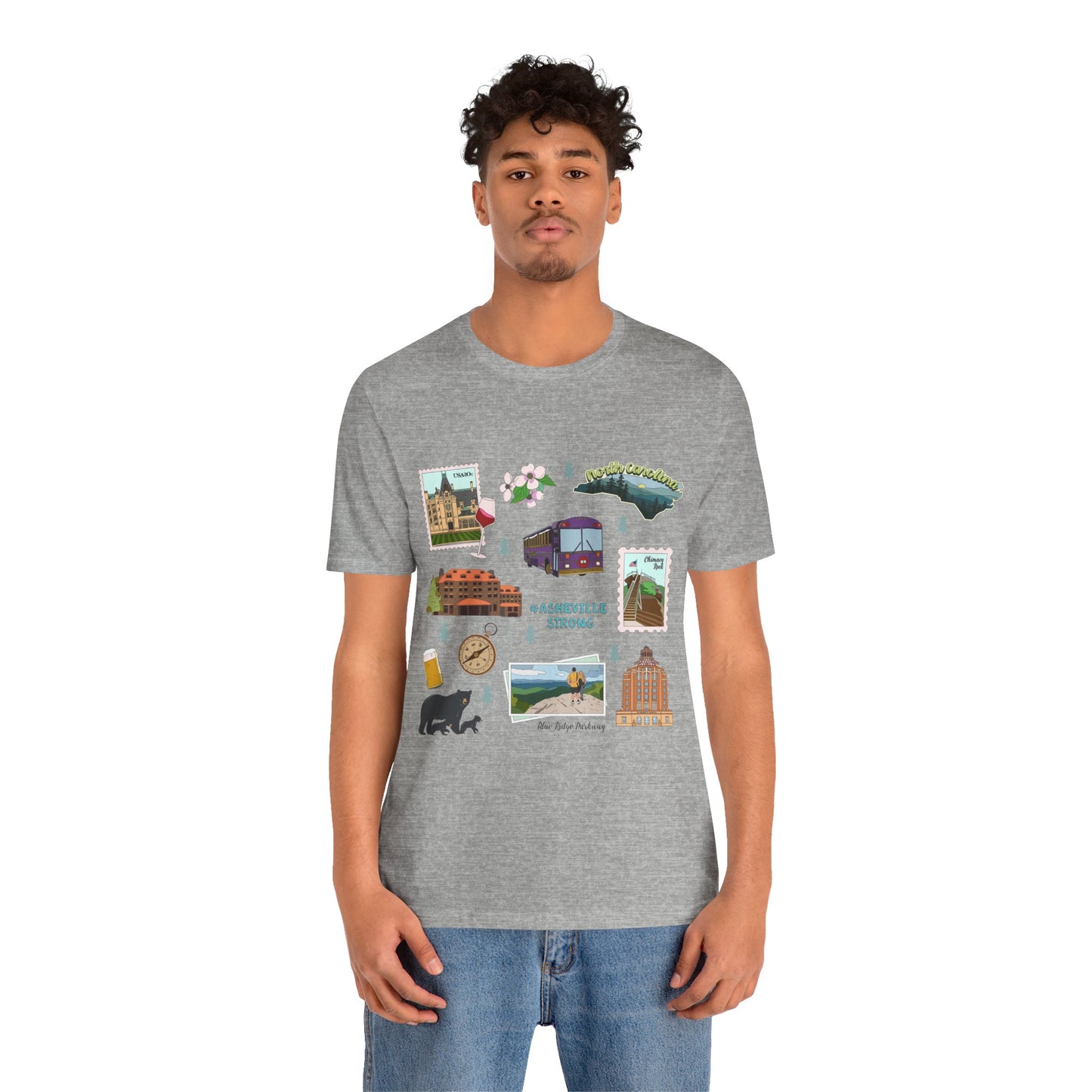 Unisex Jersey Short Sleeve Tee with Asheville, North Carolina NC landmarks print