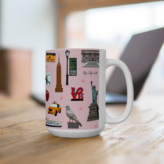 Ceramic Mug 15oz with New York City, Manhattan, Brooklyn NY in pink