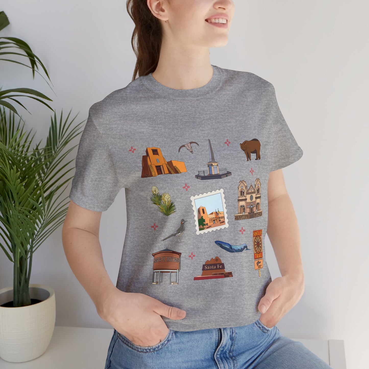 Unisex Jersey Short Sleeve Tee with Santa Fe, New Mexico NM landmarks print