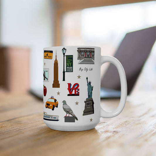 Ceramic Mug 15oz with New York City, Manhattan, Brooklyn NY in white