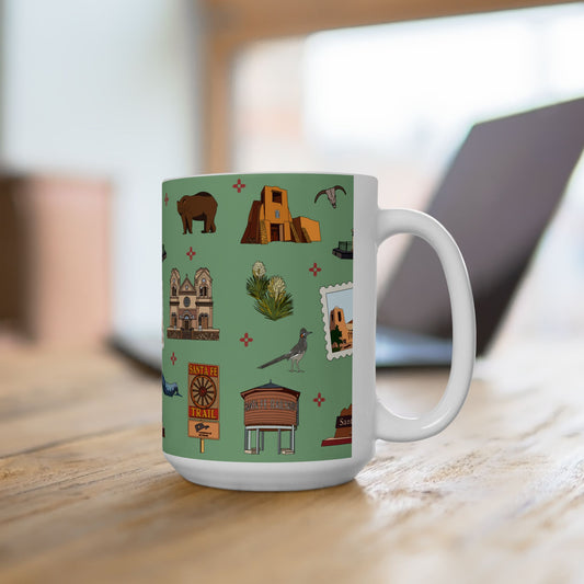Ceramic Mug 15oz with Santa Fe, New Mexico NM in green tea