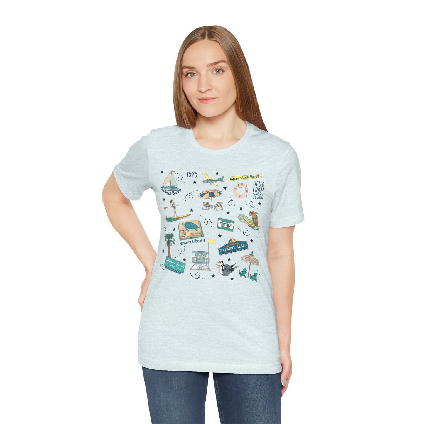 Unisex Jersey Short Sleeve Tee with Navarre Beach, FL landmarks print