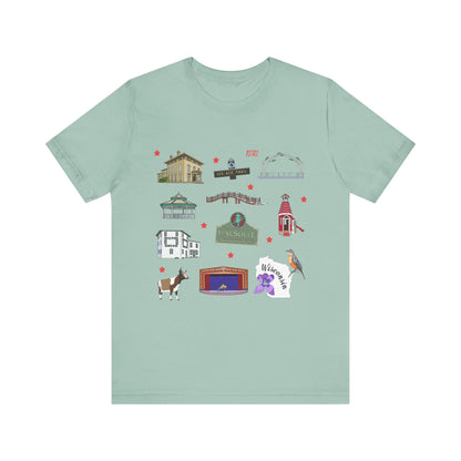 Unisex Jersey Short Sleeve Tee with Janesville, Wisconsin WI landmarks print