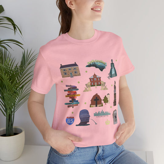 Unisex Jersey Short Sleeve Tee with Charlotte, North Carolina NC landmarks print