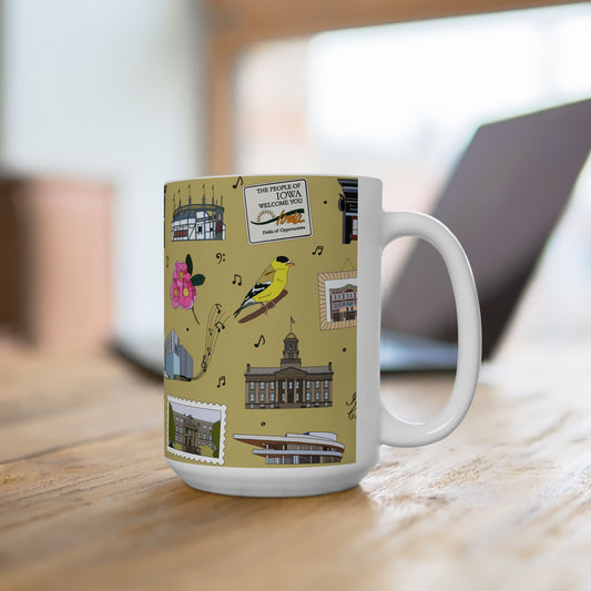 Ceramic Mug 15oz with Iowa City, Iowa IA in mustard