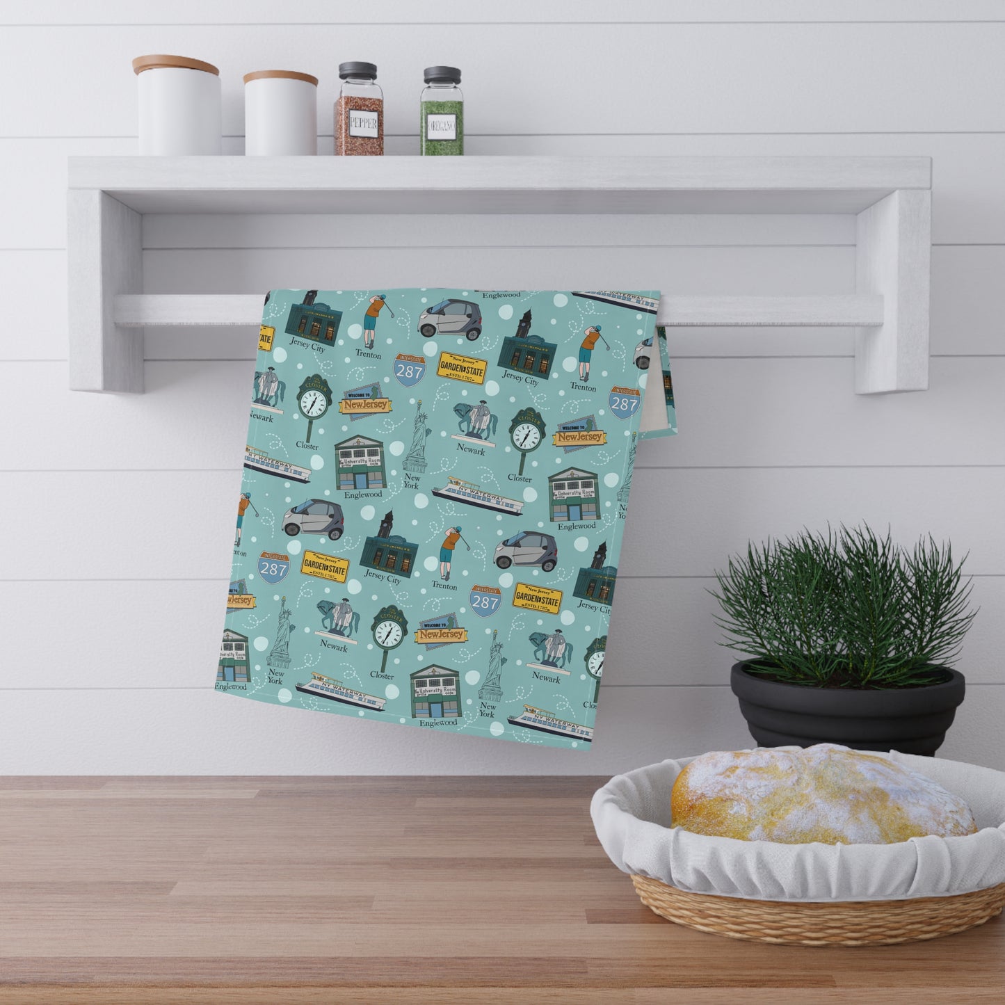 Kitchen Towel with New Jersey in light teal