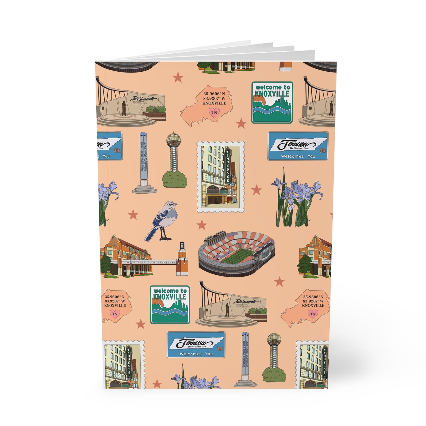 Paperback notebook with Knoxville, Tennessee TN landmarks in peach 150 lined pages