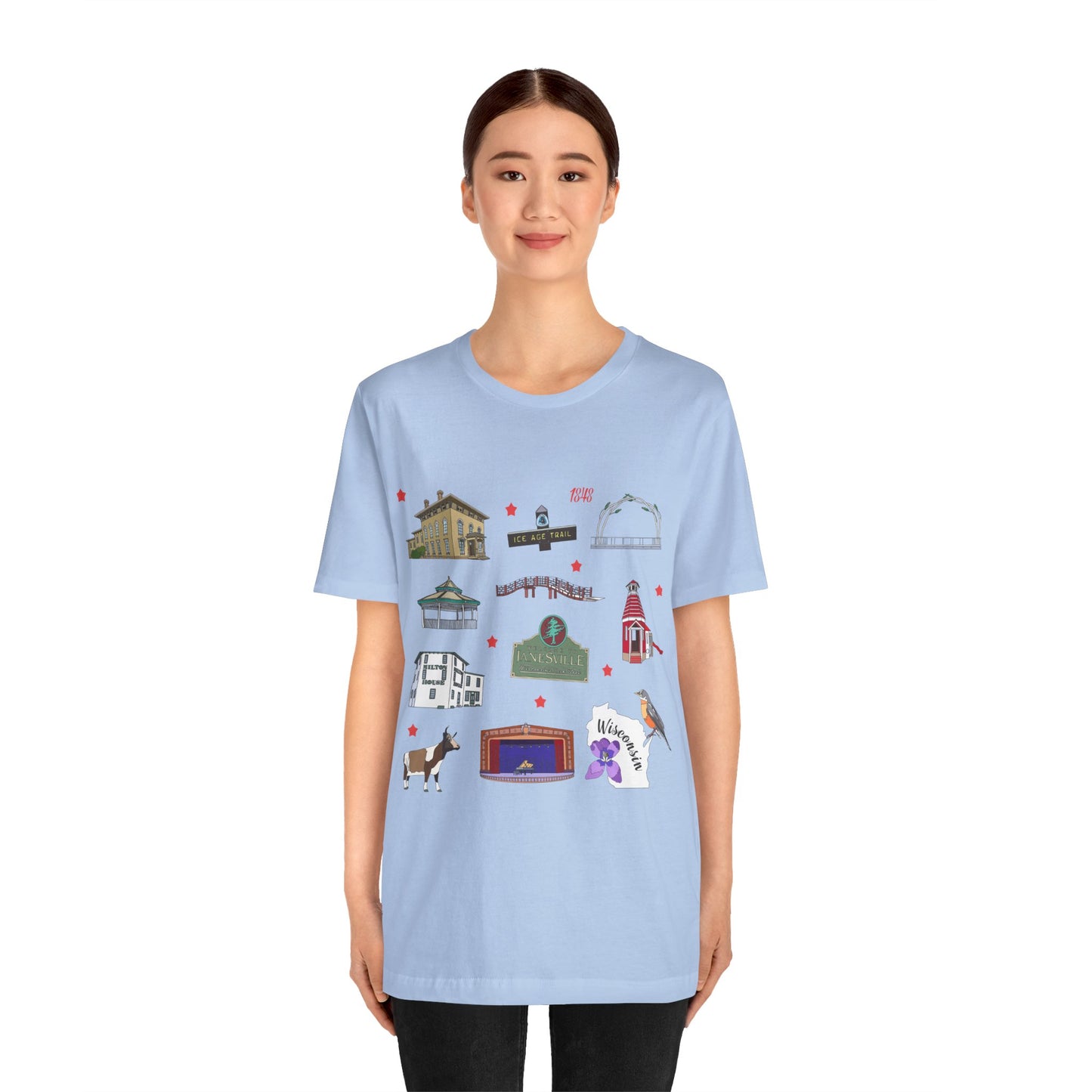 Unisex Jersey Short Sleeve Tee with Janesville, Wisconsin WI landmarks print