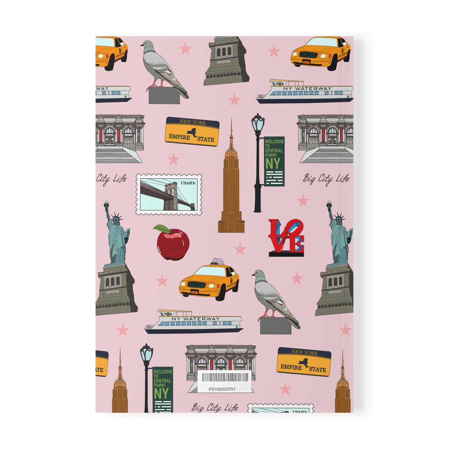 Paperback notebook with New York City, Manhattan, Brooklyn NY landmarks in pink 150 lined pages
