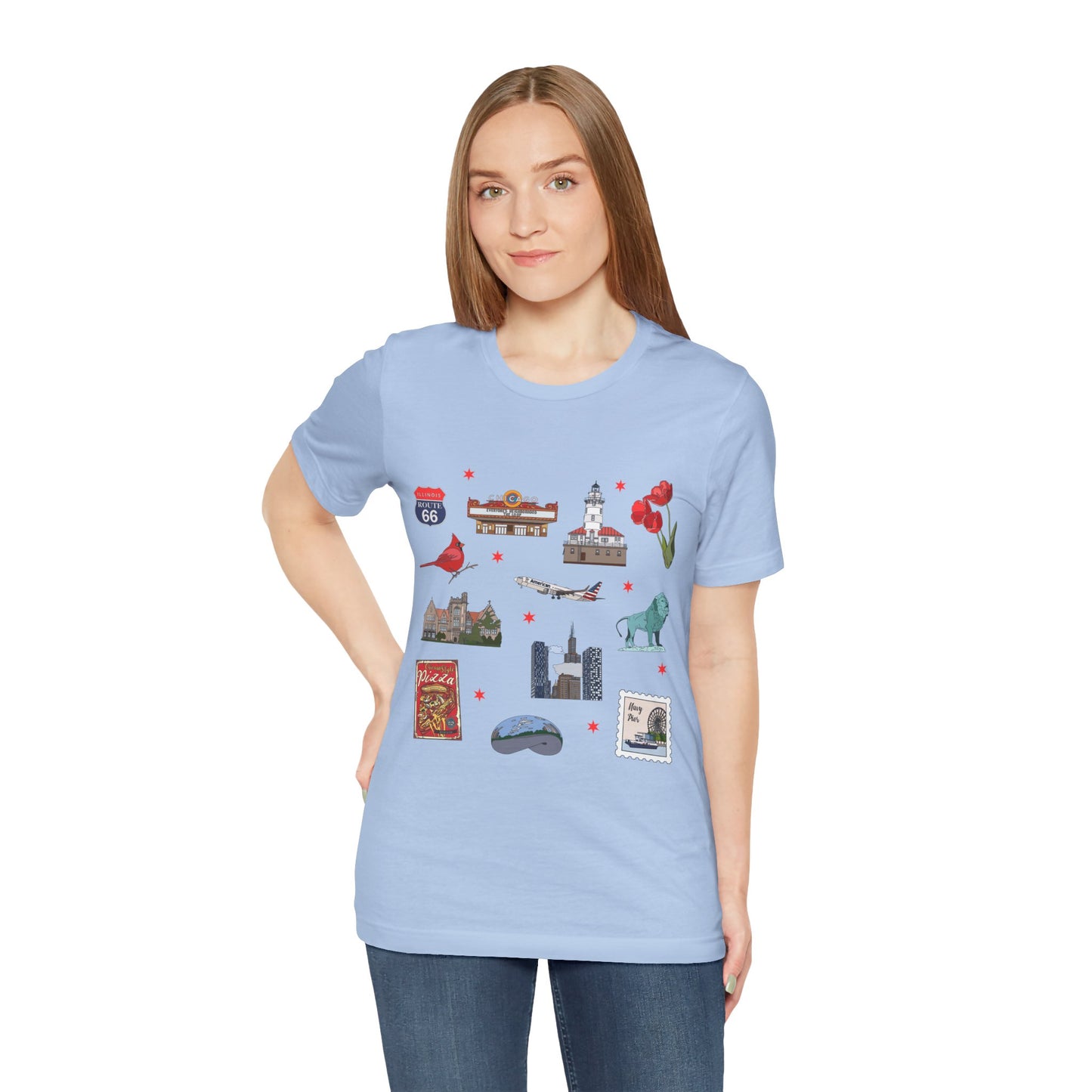 Unisex Jersey Short Sleeve Tee with Chicago, Illinois IL landmarks print
