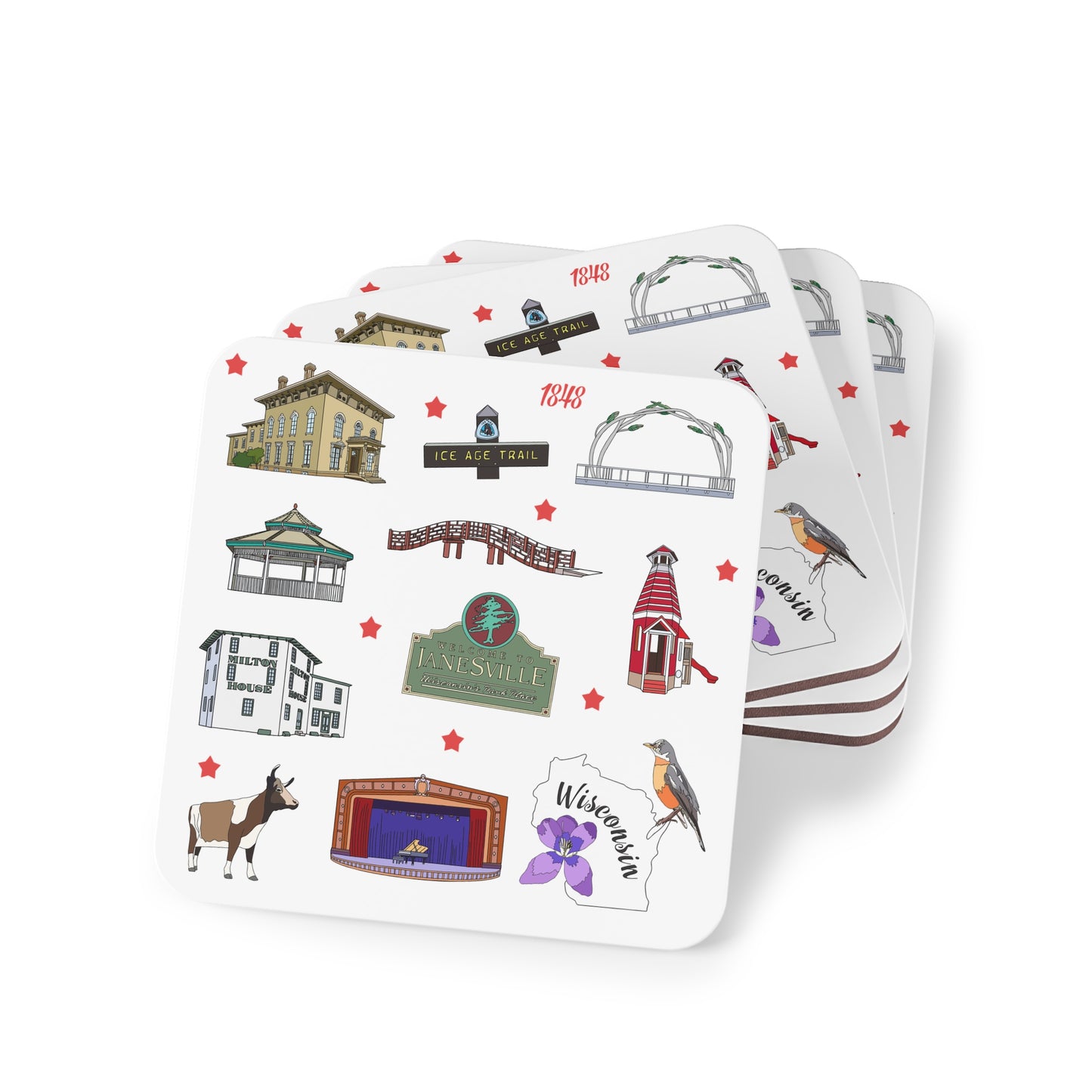 Set of 4 Ceramic Mug Coasters with Janesville, Wisconsin WI