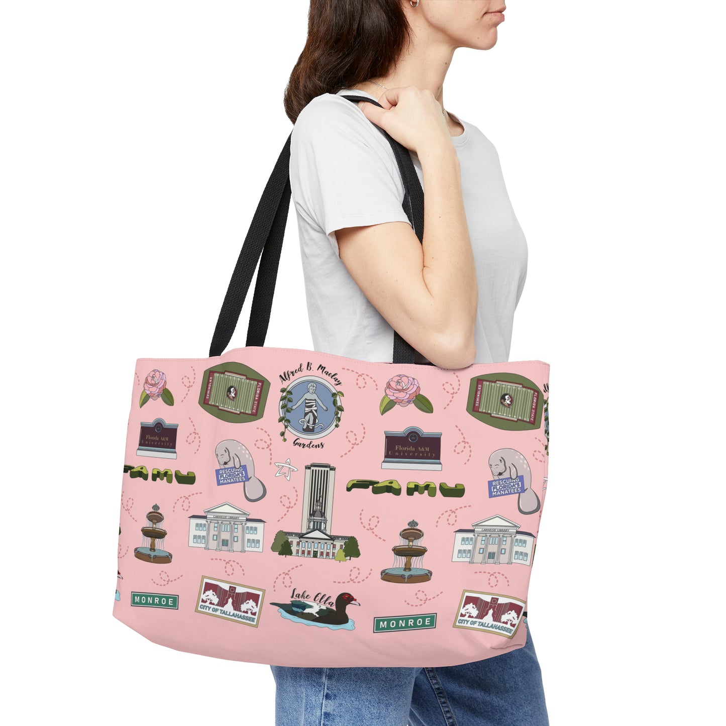 Unisex Tote Bag with Tallahassee Florida landmarks in pink