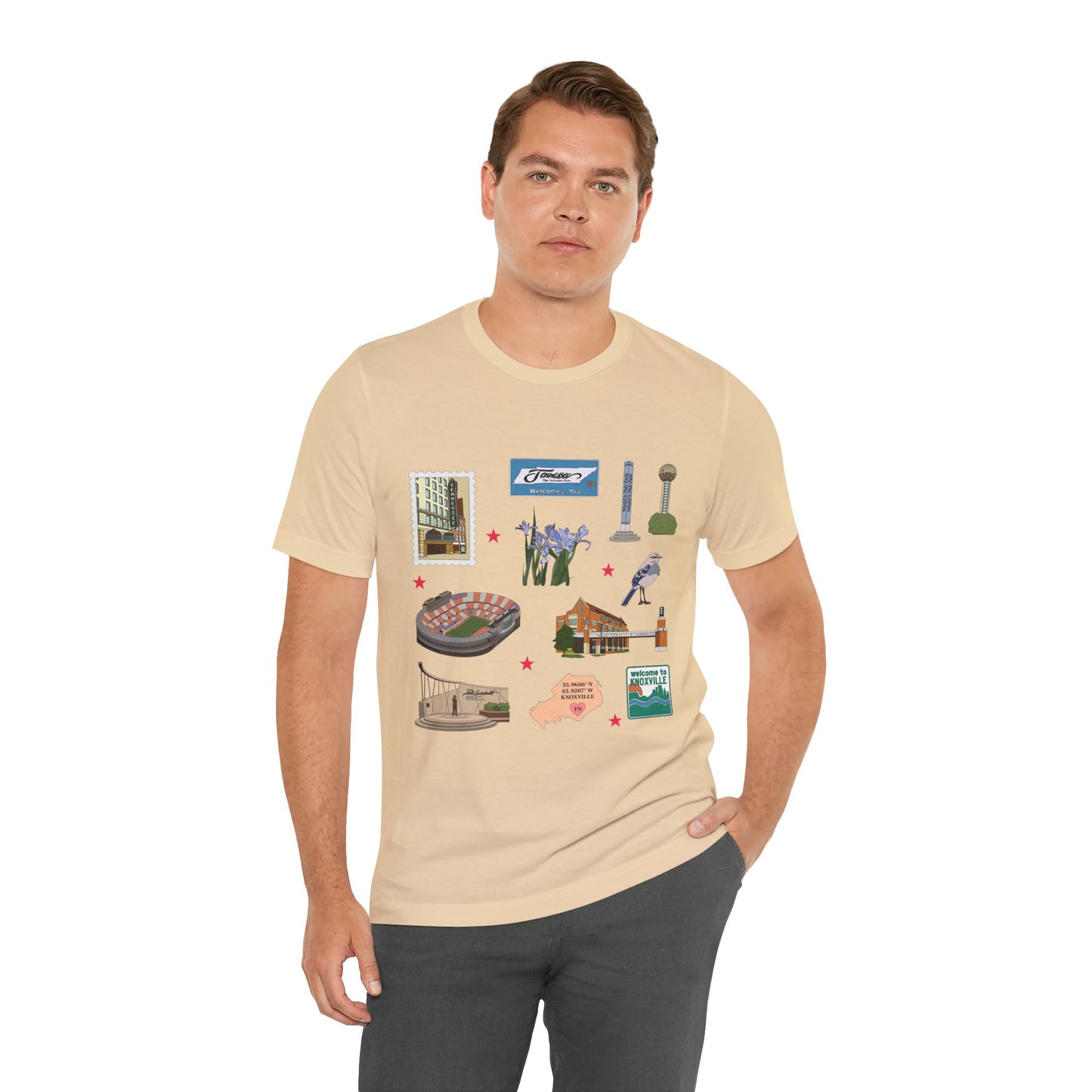 Unisex Jersey Short Sleeve Tee with Knoxville, Tennessee TN landmarks print