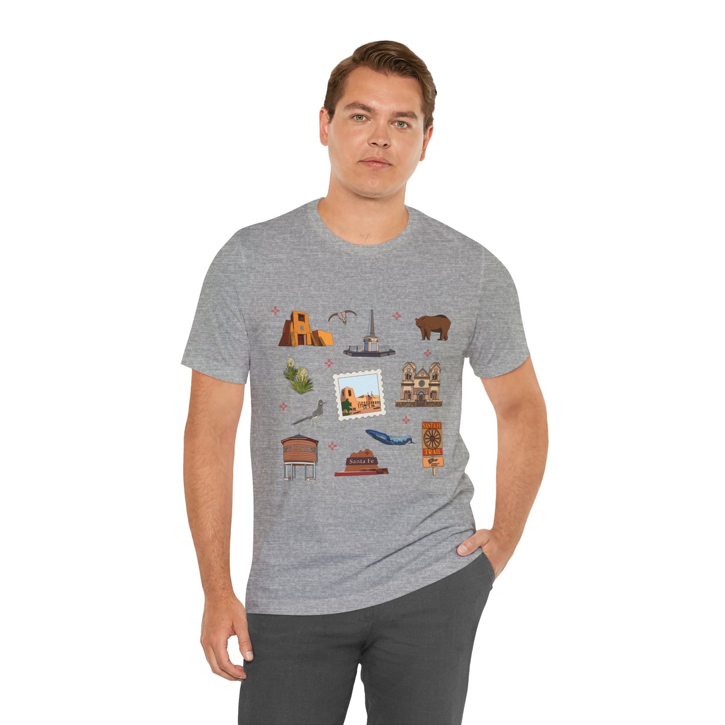 Unisex Jersey Short Sleeve Tee with Santa Fe, New Mexico NM landmarks print