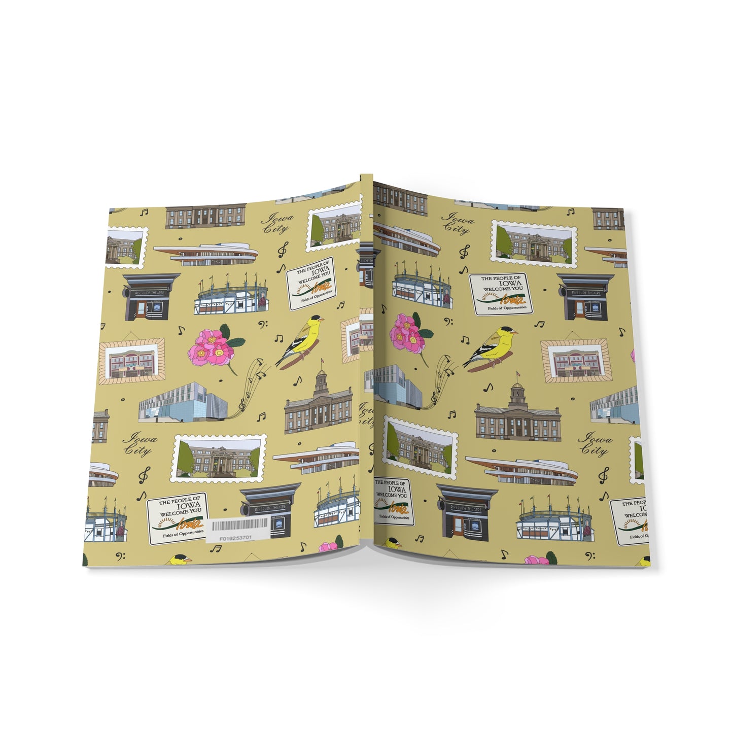 Paperback notebook with Iowa City, Iowa IA landmarks in mustard 150 lined pages