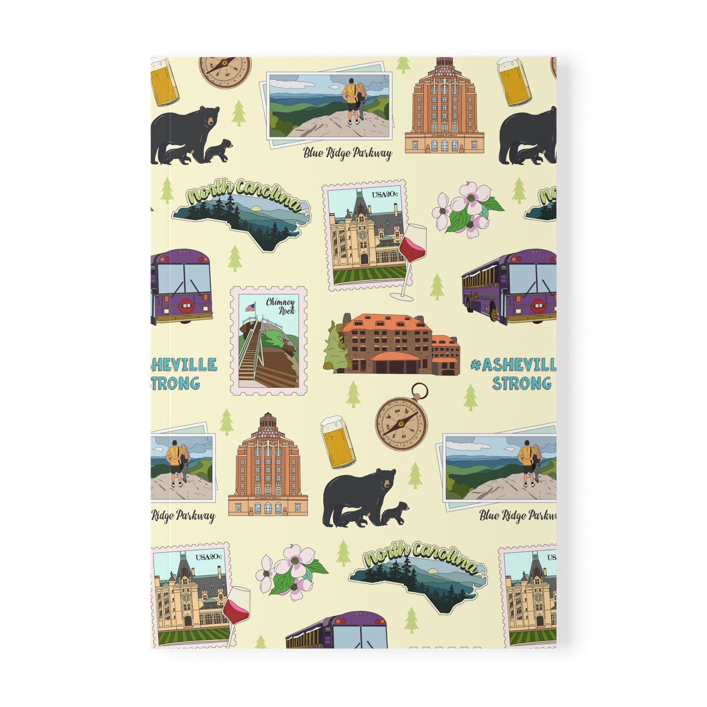 Paperback notebook with Asheville, North Carolina NC landmarks in light yellow 150 lined pages