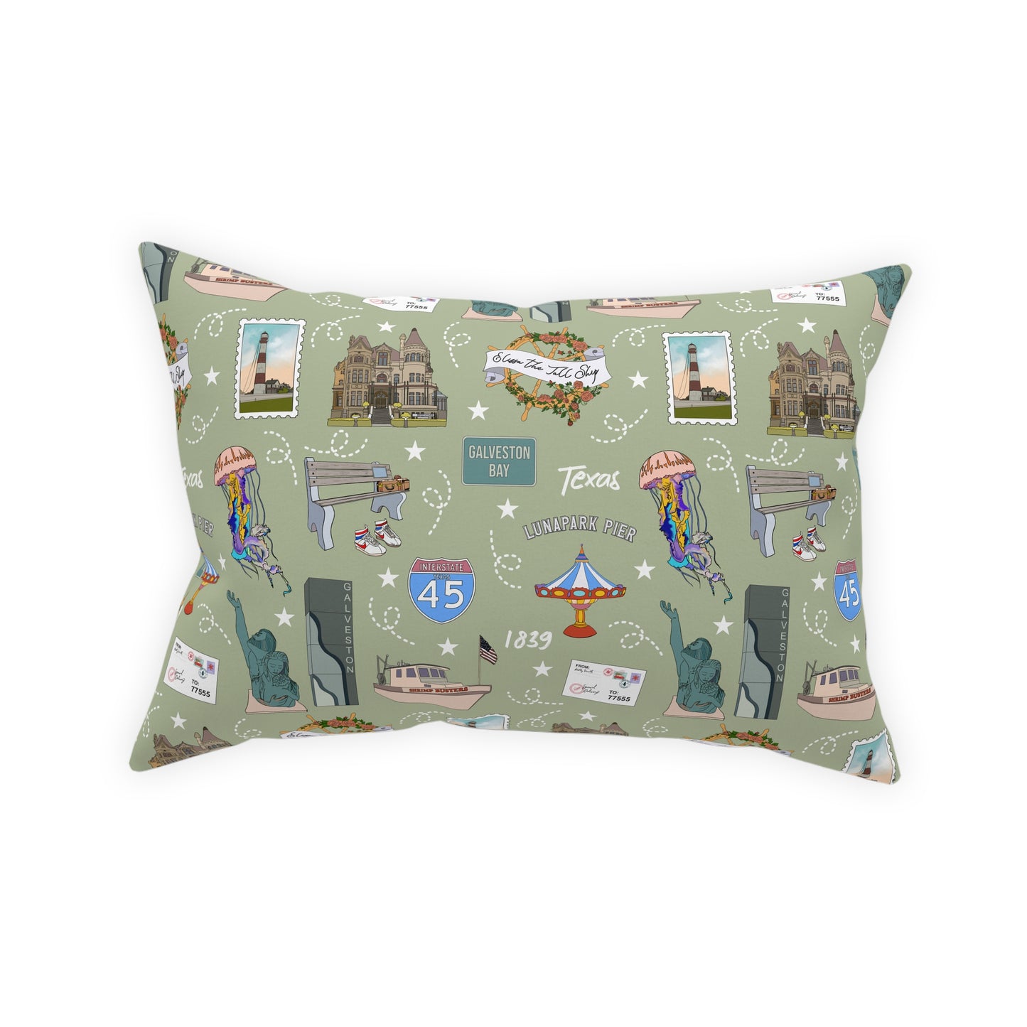 Broadcloth Pillow with Galveston, TX in olive