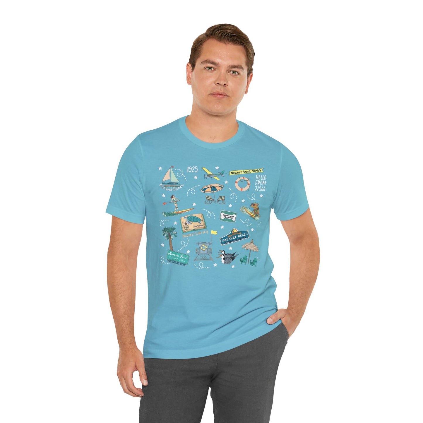 Unisex Jersey Short Sleeve Tee with Navarre Beach, FL landmarks print