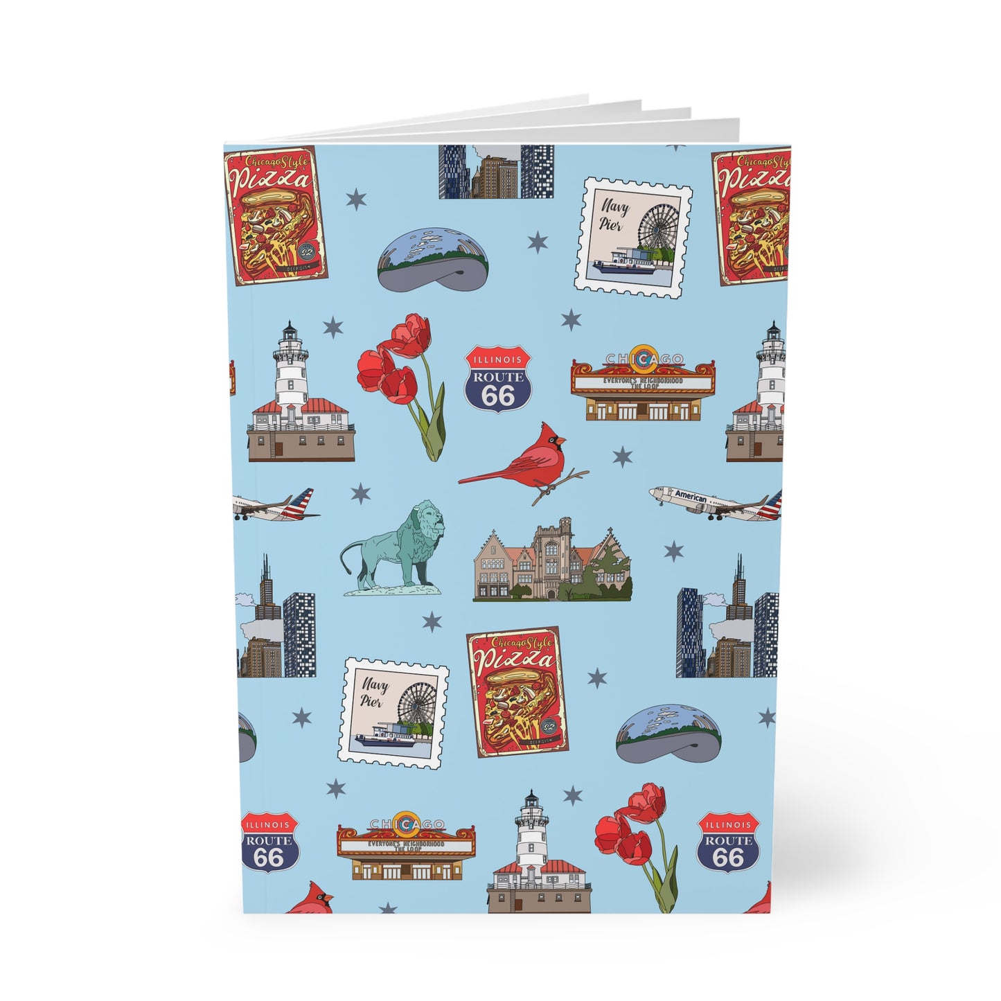 Paperback notebook with Chicago, Illinois IL landmarks in sky 150 lined pages