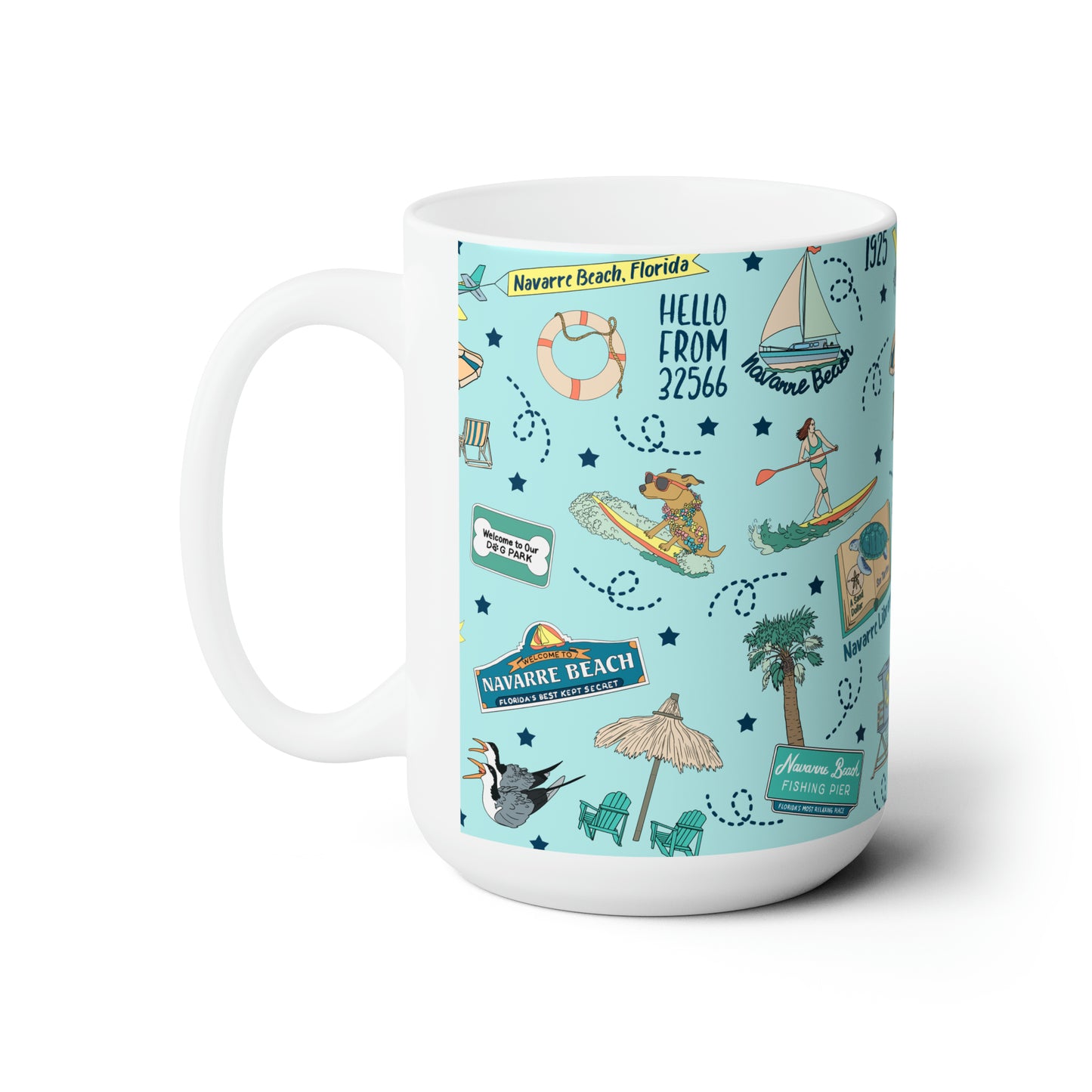 Ceramic Mug 15oz with Navarre Beach, FL in sky blue