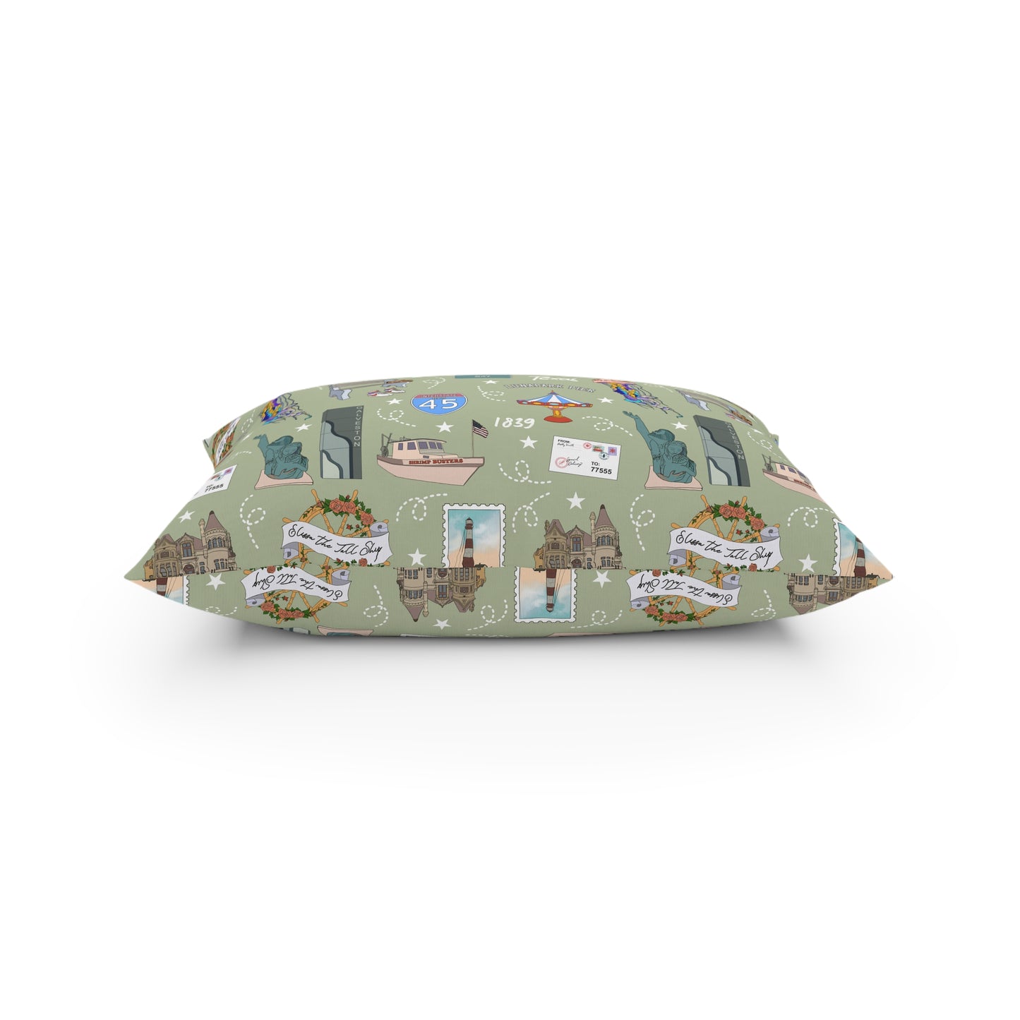 Broadcloth Pillow with Galveston, TX in olive