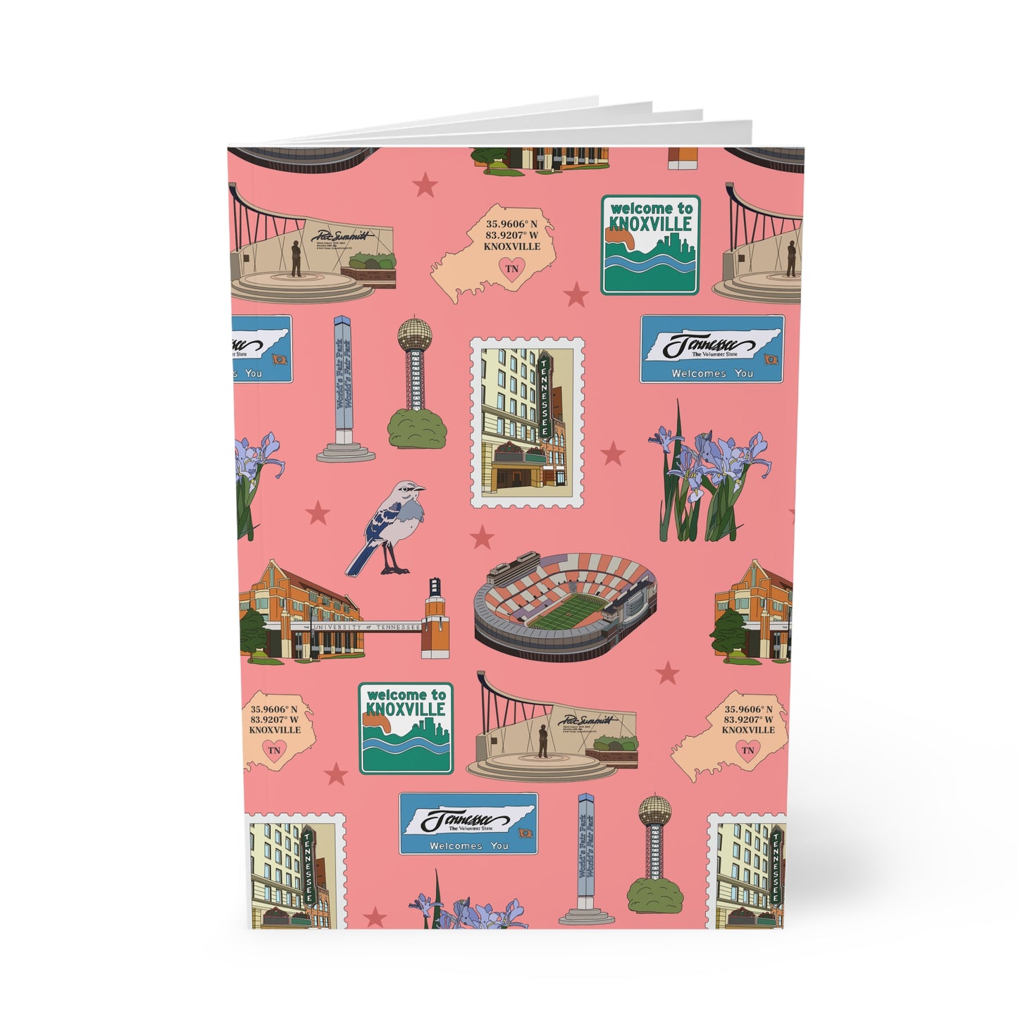 Paperback notebook with Knoxville, Tennessee TN landmarks in strawberry 150 lined pages