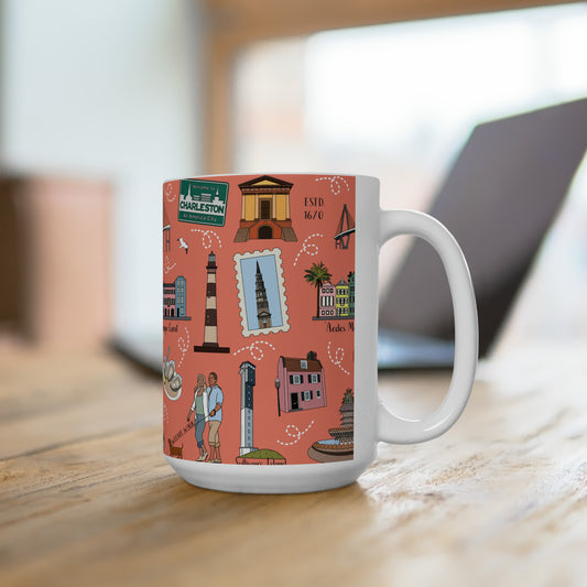 Ceramic Mug 15oz with Charleston, SC in coral