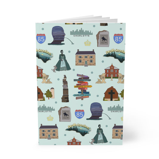 Paperback notebook with Charlotte, North Carolina NC landmarks in patina 150 lined pages