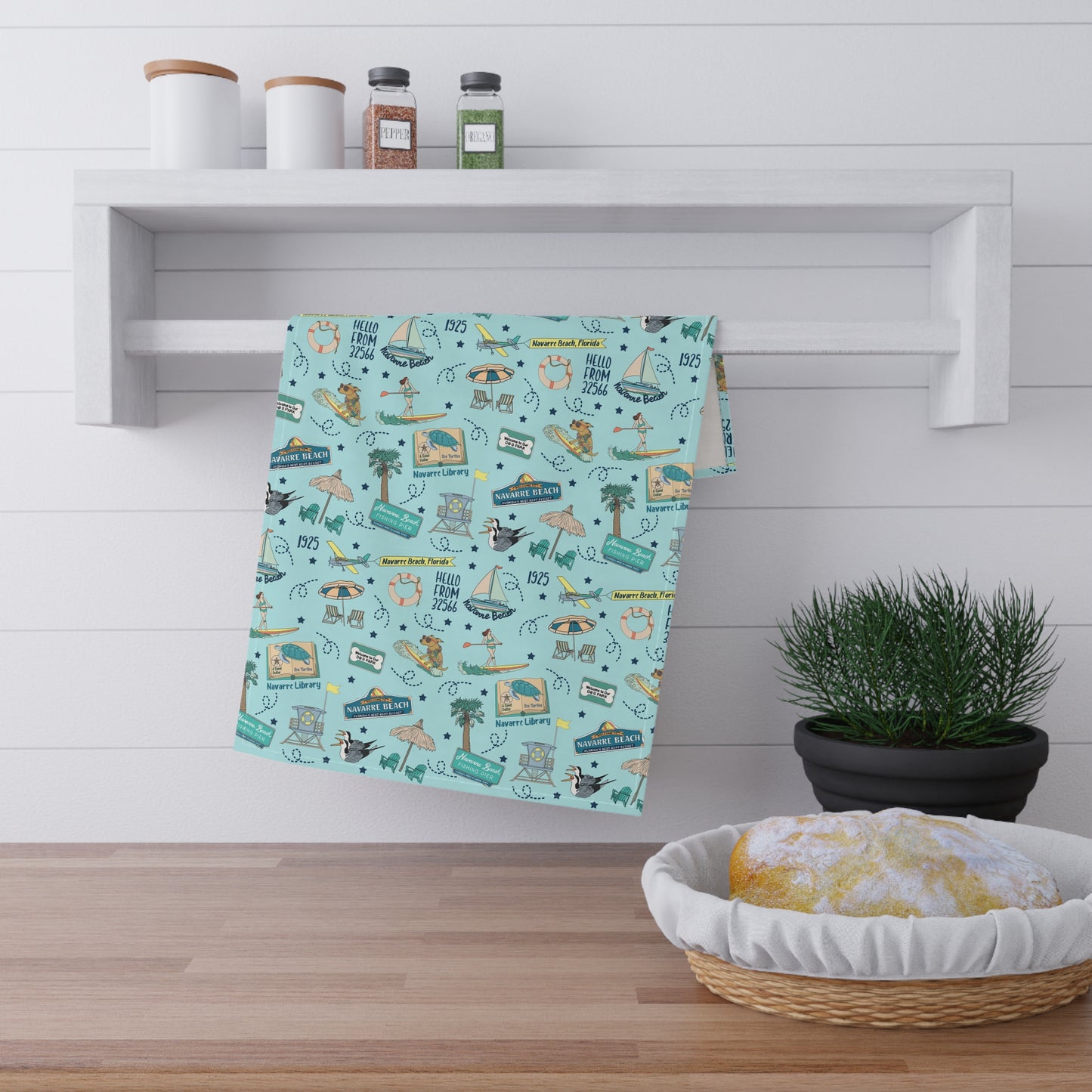 Kitchen Towel with Navarre Beach, FL in sky blue