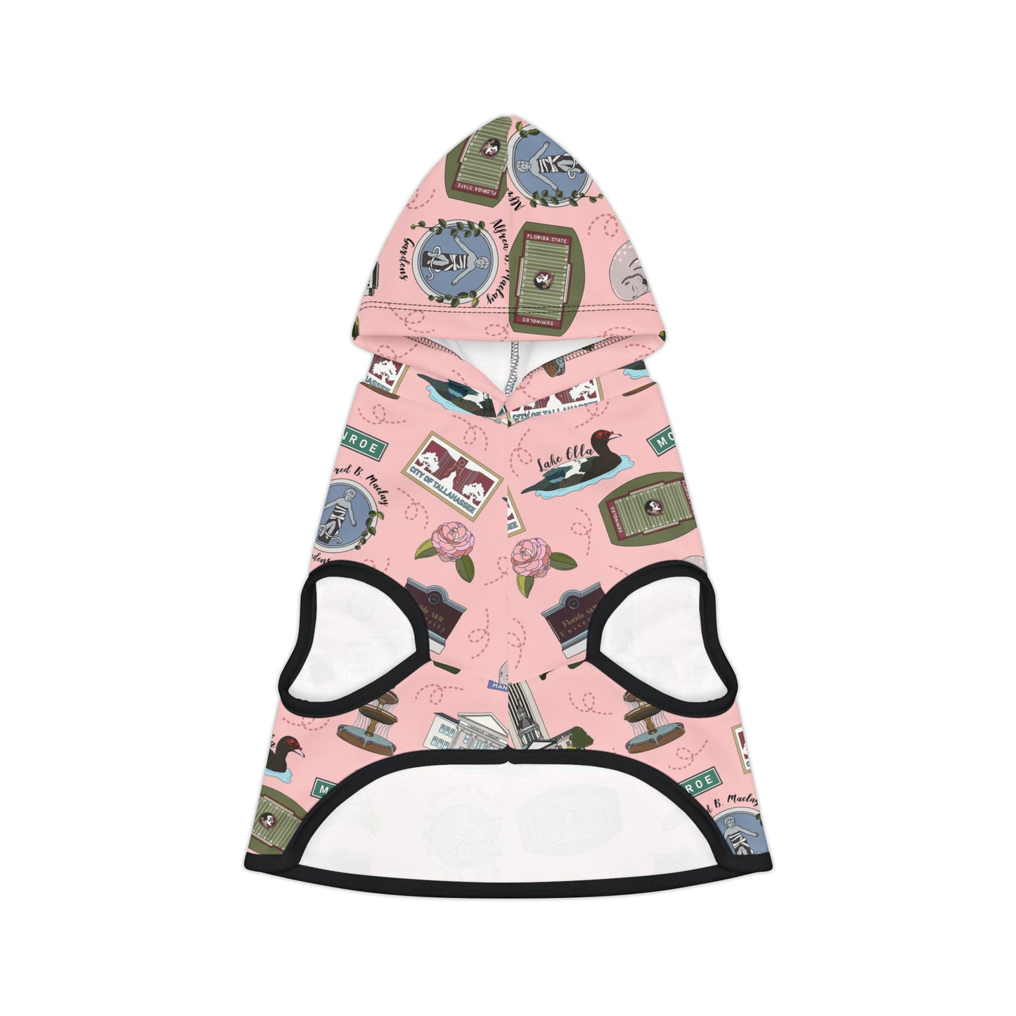 Pet Hoodie with Tallahassee Florida landmarks in pink